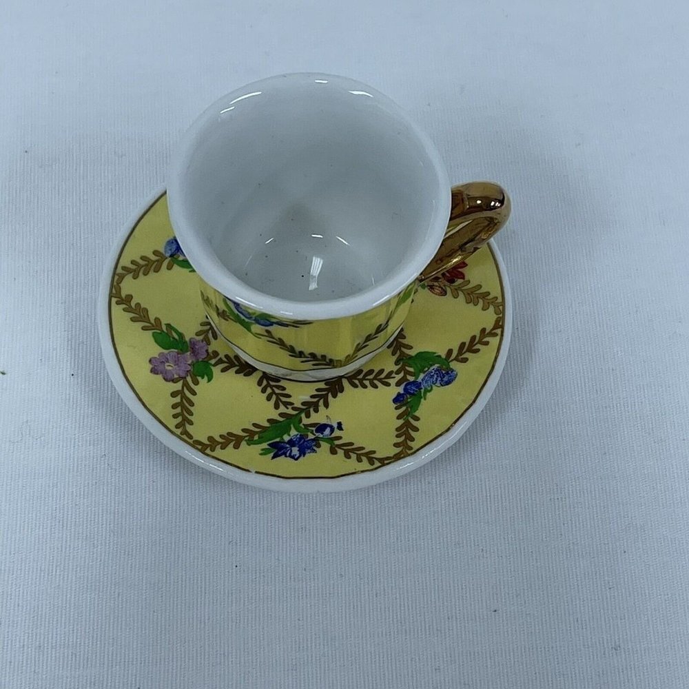 Vintage Miniature Teacup and Saucer with flower Decoration Yellow Gold Florals - Picture 2 of 4